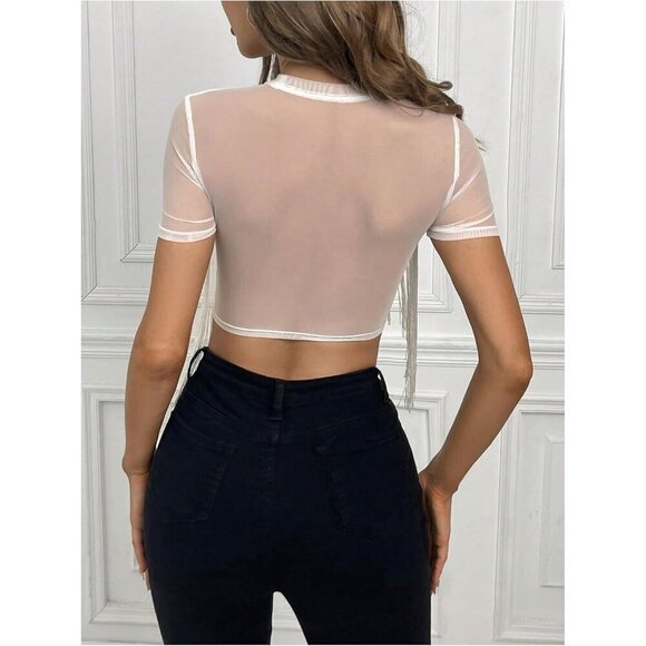 Women's Contrast Mesh Short Sleeve Fringe Trim Crop Top Tee Shirts - Picture 2 of 5